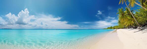 panorama tropicale mare e sabbioso spiaggia con blu cielo striscione. generativo ai foto