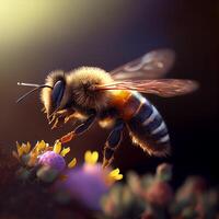 miele ape volare nel il giardino con fiore e nettare ai generativo foto