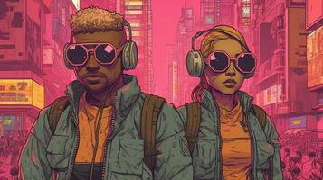 generativo ai, persona nel occhiali, cyberpunk anime stile ispirato di josan gonzález. leggero giallo e rosa colori, virtuale la realtà concetto foto