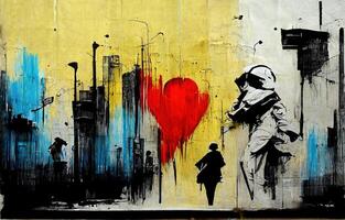 generativo ai, inchiostro nero strada graffiti arte su un' strutturato carta Vintage ▾ sfondo, ispirato di Banksy. foto