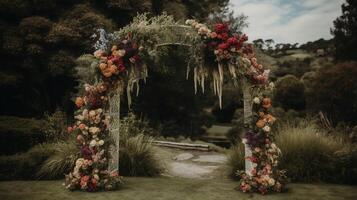 generativo ai, nozze cerimonia boho rustico stile arco con fiori e impianti, fiore mazzi di fiori. foto