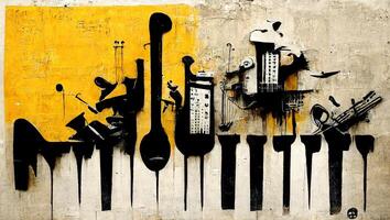 generativo ai, astratto strada arte con chiavi e musicale strumenti sagome. inchiostro colorato graffiti arte su un' strutturato carta Vintage ▾ sfondo, ispirato di Banksy foto