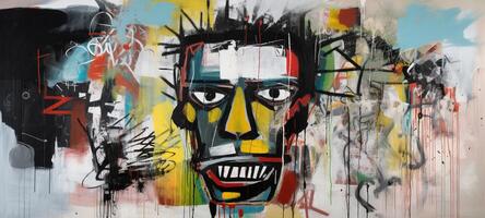 generativo ai, strada graffiti astratto arte con brutto viso su un' strutturato parete Vintage ▾ sfondo, ispirato di Jean-Michel Basquiat, nuovo York urbano stile. foto