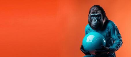 studio tiro di gorilla nel vestito Tenere sfera, stilizzato come gli sport modello, contro arancia copia spazio sfondo. generativo ai foto