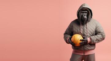 studio tiro di un' gorilla nel un' giacca Tenere un' pallacanestro, stilizzato come un' gli sport modello, su un' pastello rosa copia spazio sfondo. generativo ai foto