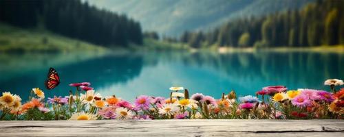 vuoto di legno tavolo decorato con colorato fiori. sfocato lago e montagna Visualizza sfondo. copia spazio. per Prodotto visualizza. modelli, media, stampa, eccetera., creare ai foto