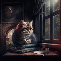 ai generato adorabile grande gatto seduta accanto il finestra sopra il tavolo foto