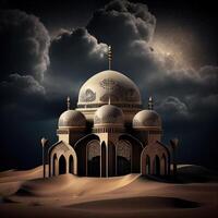 ai generato bellissimo islamico moschea sotto il drammatico nuvoloso cielo a notte foto