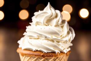 delizioso ghiaccio crema cono con cioccolato e frustato crema su un' di legno tavolo. dolce cibo. generativo ai foto