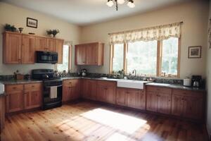 cucina interno con di legno armadietti e cucina isola. generativo ai foto