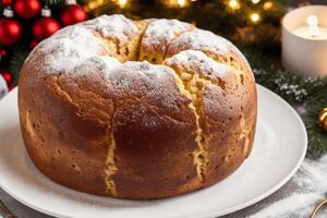 Natale torta con uva passa e in polvere zucchero. Panettone torta con uva passa e glassatura zucchero. generativo ai foto