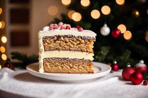 cioccolato torta con lamponi e crema su un' di legno tavolo. fatti in casa torta con noccioline e Miele. generativo ai foto