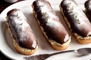 delizioso cioccolato torta con crema e glassatura zucchero su un' bianca piatto. eclairs con cioccolato crema e ciliegia, generativo ai foto