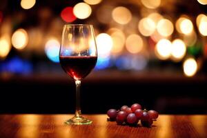 bicchiere di rosso vino e uva su un' di legno tavolo.bottiglia e bicchiere di rosso vino con uva. generativo ai foto