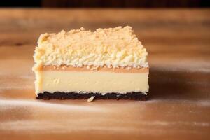 vaniglia fetta. delizioso cioccolato torta di formaggio con tazza di caffè su di legno tavolo. generativo ai foto