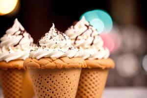 delizioso ghiaccio crema cono con cioccolato e frustato crema su un' di legno tavolo. dolce cibo. generativo ai foto