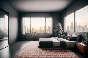 interno di moderno Camera da letto con grigio muri, di legno pavimento, confortevole re dimensione letto e finestra con campagna Visualizza. generativo ai foto