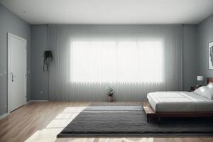 interno di moderno Camera da letto con grigio muri, di legno pavimento, confortevole re dimensione letto e finestra con campagna Visualizza. generativo ai foto