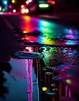 neon luci su il bagnato strada, creato con generativo ai foto