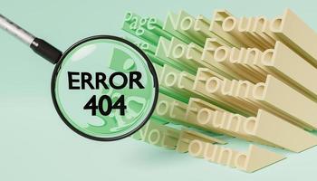 Segno di pagina 3D non trovata e lente di ingrandimento che mostra l'errore 404 foto