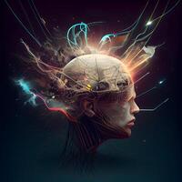 3d interpretazione di un' femmina testa con raggiante cervello su buio sfondo, ai generativo Immagine foto
