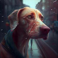 cane dietro a il bicchiere con gocce di pioggia su il strada. 3d illustrazione, ai generativo Immagine foto