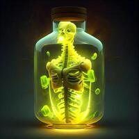 umano scheletro dentro un' bottiglia con raggiante leggero dentro. 3d illustrazione., ai generativo Immagine foto