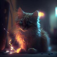 carino gatto con Natale luci su un' buio sfondo. soffice animale domestico., ai generativo Immagine foto