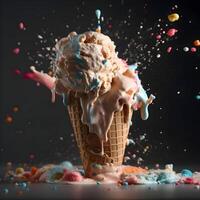 ghiaccio crema con cioccolato e ghiaccio crema spruzzi su un' grigio sfondo, ai generativo Immagine foto