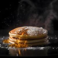 Pancakes caduta in acqua con un' spruzzo su un' nero sfondo, ai generativo Immagine foto