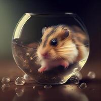 criceto nel un' bicchiere ciotola con acqua gocce. 3d rendering, ai generativo Immagine foto