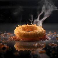 fritte cipolla anelli su un' nero sfondo con Fumo. selettivo messa a fuoco., ai generativo Immagine foto