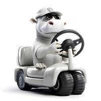 cartone animato ippopotamo guida un' golf carrello e Tenere un' timone ruota, ai generativo Immagine foto
