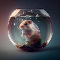 criceto nel un' il giro acquario su un' buio sfondo. 3d rendering, ai generativo Immagine foto