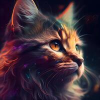 bellissimo Zenzero gatto con arancia occhi e multicolore Fumo su un' nero sfondo, ai generativo Immagine foto