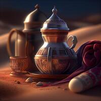 Arabo caffè pentola e tazza su il sabbia. 3d rendering, ai generativo Immagine foto