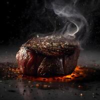 bistecca con fuoco e Fumo su un' nero sfondo, vicino su, ai generativo Immagine foto