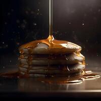 Pancakes con miele e caramello su un' buio sfondo, vicino su, ai generativo Immagine foto