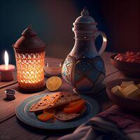 Ramadan kareem saluto carta. Ramadan kareem sfondo con Arabo lanterne, date e dolci, ai generativo Immagine foto