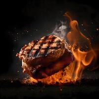 grigliato bistecca su un' fuoco con fiamme e Fumo su un' nero sfondo, ai generativo Immagine foto
