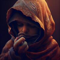 ritratto di un' giovane musulmano donna preghiere al di sopra di buio sfondo., ai generativo Immagine foto