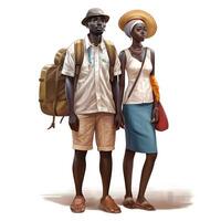 illustrazione di un' coppia di turisti con un' valigia su un' bianca sfondo, ai generativo Immagine foto