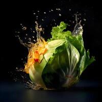 caduta broccoli e arancia con acqua spruzzo su nero sfondo. salutare cibo concetto., ai generativo Immagine foto