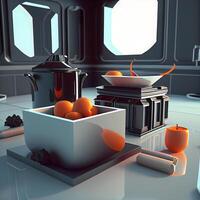 cucina interno con cucinando utensili e candeliere, 3d rendere, ai generativo Immagine foto