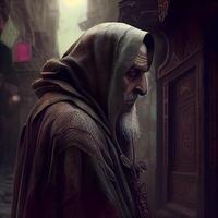 3d illustrazione di un' medievale uomo nel il strade di il vecchio città, ai generativo Immagine foto