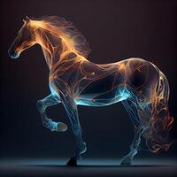 cavallo con raggiante criniera su buio sfondo. 3d rendering, ai generativo Immagine foto