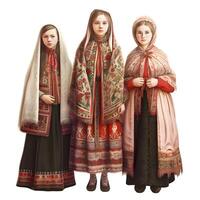 Due poco ragazze nel russo nazionale Abiti su un' bianca sfondo. isolato, ai generativo Immagine foto