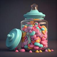 vaso con colorato caramelle su buio sfondo. 3d illustrazione., ai generativo Immagine foto