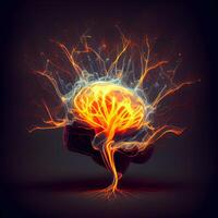 umano cervello con elettrico fulmine, astratto illustrazione su buio sfondo., ai generativo Immagine foto