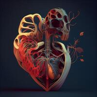 umano cuore anatomia su buio sfondo. 3d illustrazione. Vintage ▾ stile., ai generativo Immagine foto